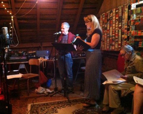 Red Room Radio Redux players rehearse "Open Your Ears," which will be performed 7:00 p.m. July 29 at the BarN at 1401 Green River Road, Williamstown; photo by Karl Mullen