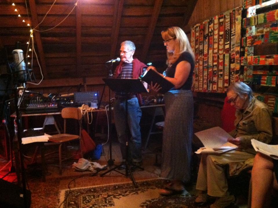 Red Room Radio Redux players rehearse "Open Your Ears," which will be performed 7:00 p.m. July 29 at the BarN at 1401 Green River Road, Williamstown; photo by Karl Mullen