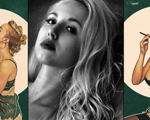 Three images in a row of Sarah Marie — on left and right, as ETHEgirl portrayed in 1940s pinup style; center a black and white headshot