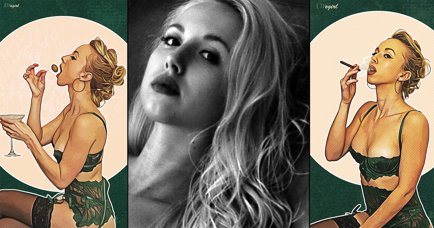 Three images in a row of Sarah Marie — on left and right, as ETHEgirl portrayed in 1940s pinup style; center a black and white headshot