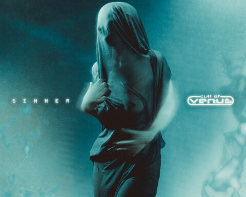 A veiled figure stands in semi-profile, their body draped in translucent black fabric that obscures the face and outlines the torso. The image is bathed in cyan-blue light with soft gradients and smoky textures, evoking religious iconography and a sense of intimate lament. The word “SINNER” appears in minimalist type to the left; the Cult of Venus logo is placed on the right.